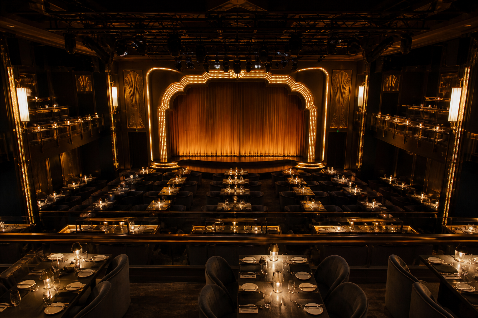 Salle de théâtre élégante préparée pour un dîner-spectacle à Dubaï