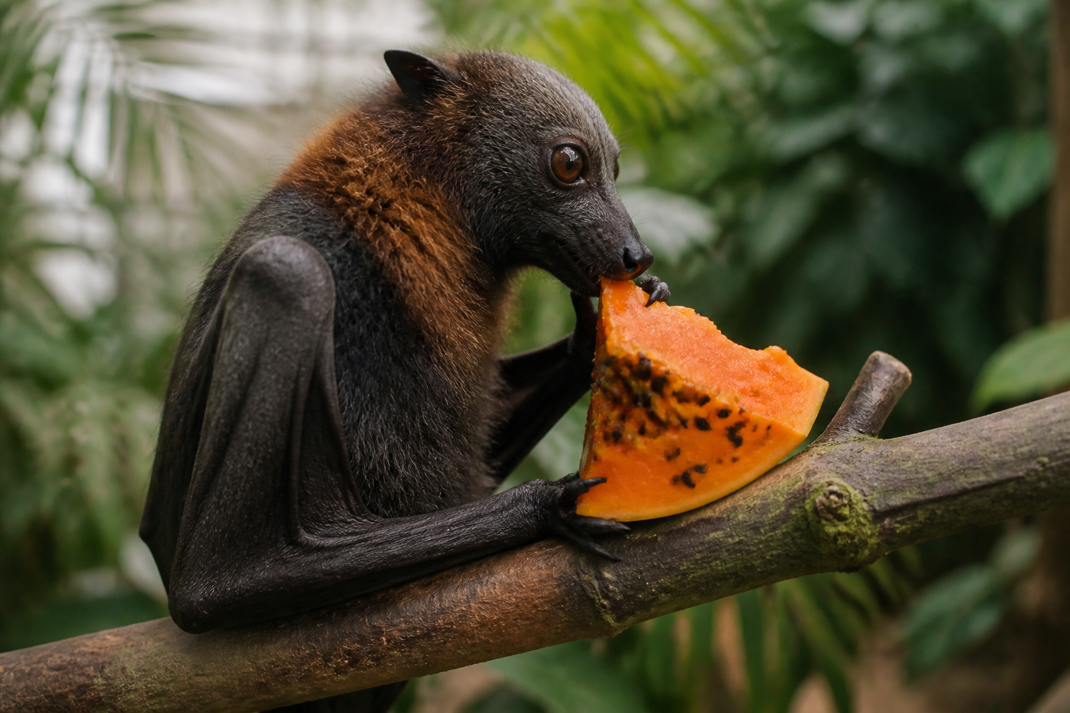 Une roussette mange une tranche de papaye sur une branche tropicale.