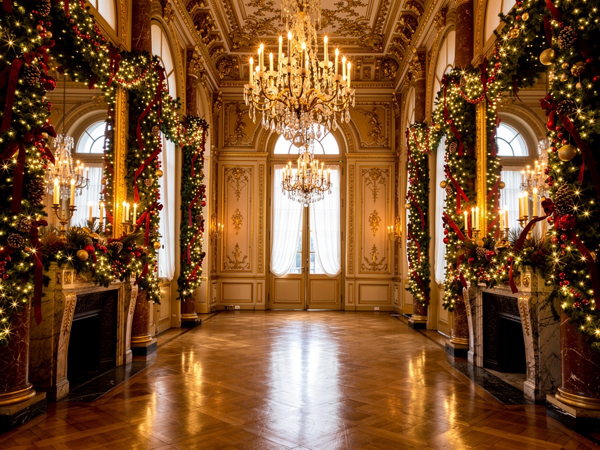 Salons d'apparat du château de Vaux-le-Vicomte illuminés de lustres dorés et décorations de fête
